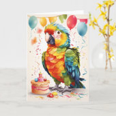 Niedlicher Papagei mit Kuchen feiern! | Karte (Gelbe Blume)
