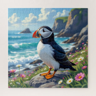 Niedlicher Papageientaucher am Meeresstrand Thema Puzzle