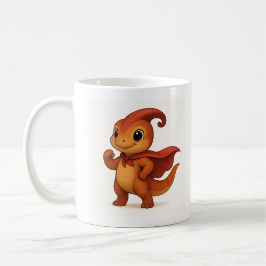 Niedlicher Parasaurolophus Cartoon – Dino‑Held mit Kaffeetasse (Links)