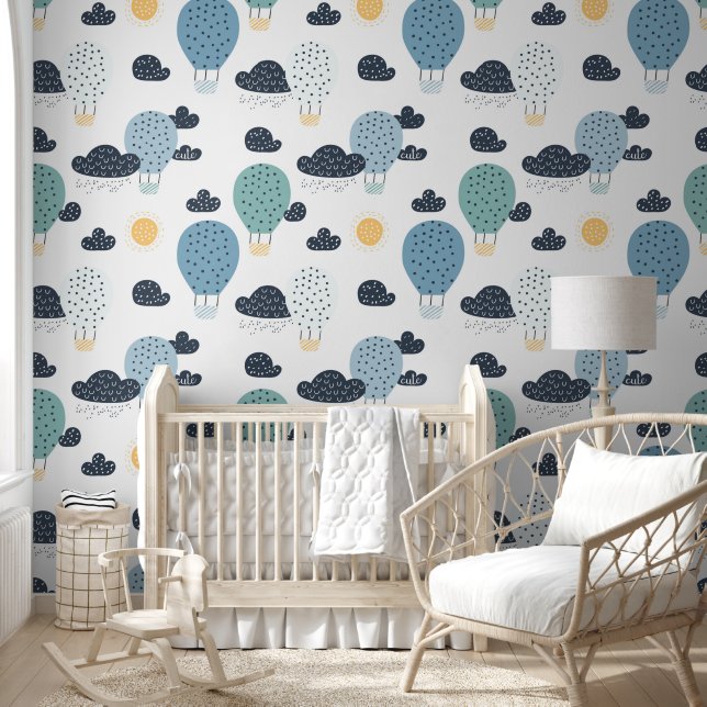 Niedlicher Pastell Heißluftballon in Wolkenjunge K Tapete (Kinder)