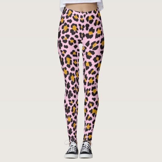 Niedlicher Pastell Pink Leopard Gold Glitzer Leggings (Vorderseite)