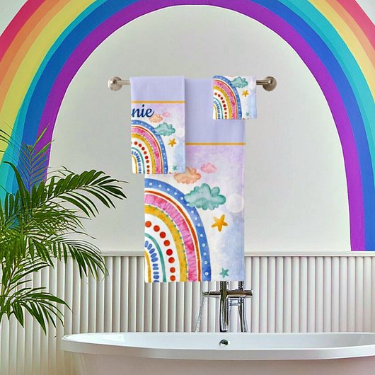 Niedlicher pastellfarbener Regenbogen personalisie Badhandtuch Set