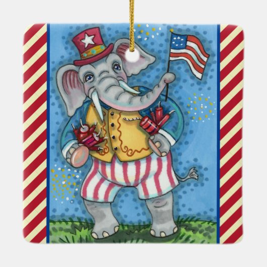 NIEDLICHER PATRIOTISCHER ELEFANG WAVING AMERIKANIS KERAMIKORNAMENT (Rückseite)