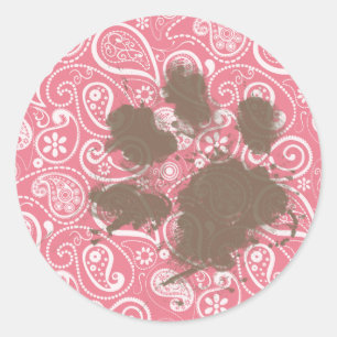 Niedlicher Pawprint in Rosa Paisley Runder Aufkleber