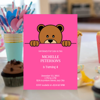 Niedlicher Peep Bär | Einfaches Cartoon auf Rosa Einladung