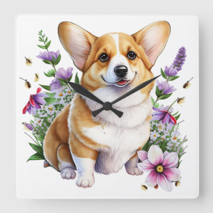 NIEDLICHER PEMBROKE GUSH CORGI MIT BLUME QUADRATISCHE WANDUHR