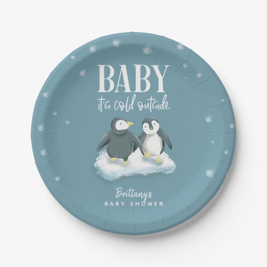 Niedlicher Penguin Baby Es ist kalt Außendusche Pappteller (Vorderseite)