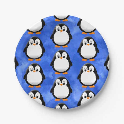 Niedlicher Penguin Cartoon Blue Watercolor Pappteller (Vorderseite)