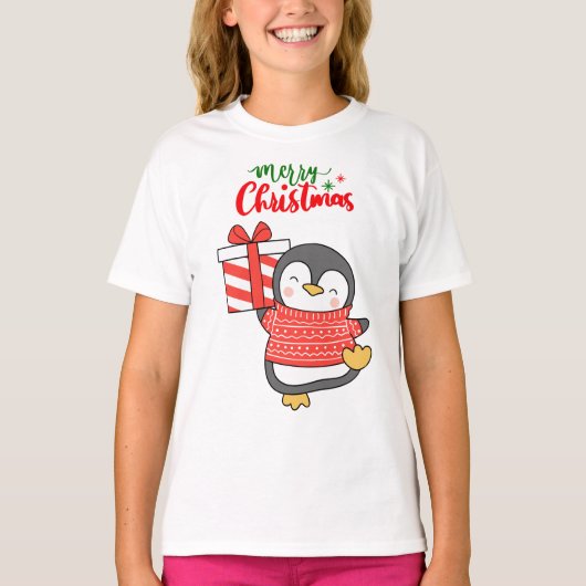 Niedlicher Penguin Frohe Weihnachten T-Shirt (Vorderseite)