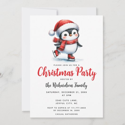 Niedlicher Penguin Ice Skater Festliche Weihnachte Einladung (Vorderseite)