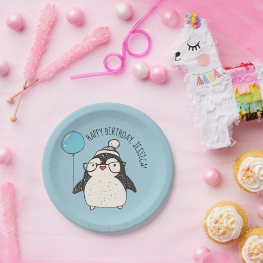 Niedlicher Penguin mit Blue Balloon Personalisiert Pappteller (Party)