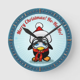 Niedlicher Penguin mit Weihnachtshut-Cartoon Runde Wanduhr