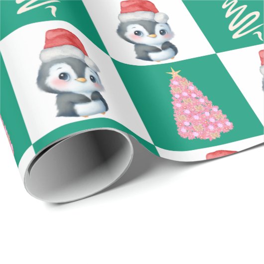 Niedlicher Penguin Santa Merry Weihnachtsbaum Part Geschenkpapier (Rolleneckpunkt)