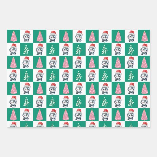 Niedlicher Penguin Santa Merry Weihnachtsbaum Part Geschenkpapier Set (Vorderseite 3)