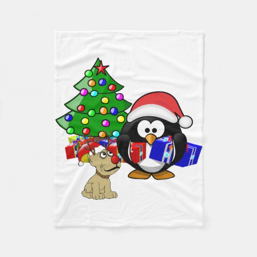 Niedlicher Penguin Santa und Rentierhund Fleecedecke (Vorderseite)