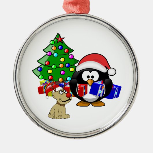 Niedlicher Penguin Santa und Rentierhund Silbernes Ornament (Vorne)