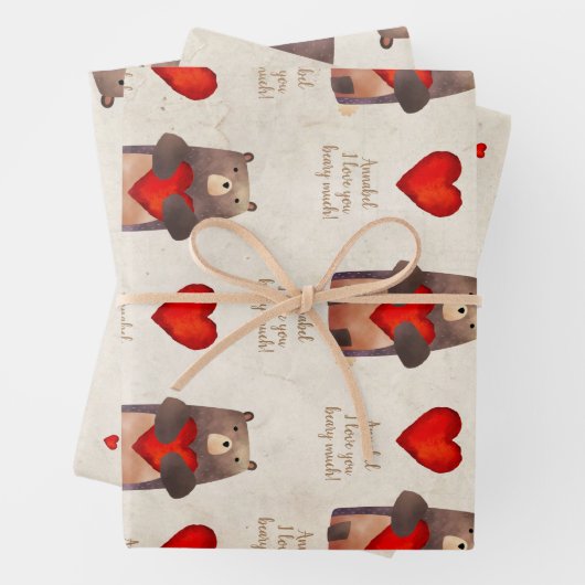 Niedlicher Personalisierter Bär mit Herz Geschenkpapier Set (Beispiel)