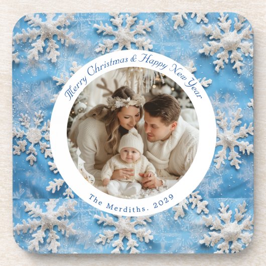 Niedlicher Personalisierter Blue Snowflakes Weihna Getränkeuntersetzer (Vorderseite)