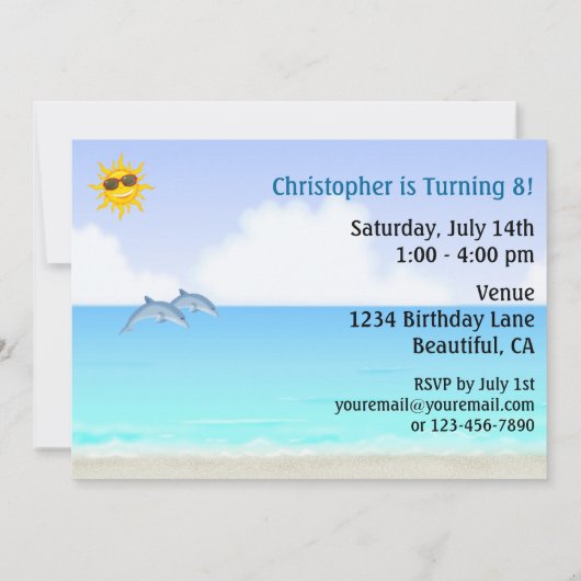 Niedlicher Personalisierter Delphinstrand Geburtst Einladung (Rückseite)