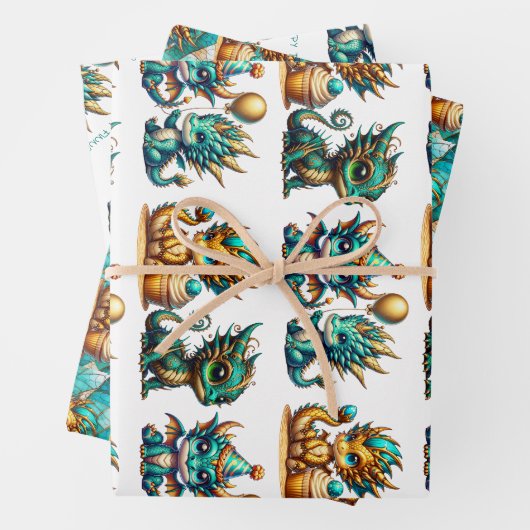 Niedlicher Personalisierter Drache Thema Geburtsta Geschenkpapier Set (Beispiel)