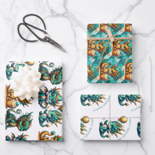 Niedlicher Personalisierter Drache Thema Geburtsta Geschenkpapier Set