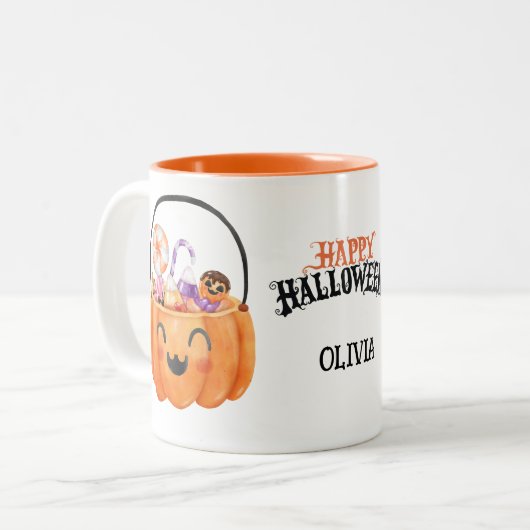 Niedlicher, personalisierter Krug zum Halloween-Ka Zweifarbige Tasse (Vorderseite Links)