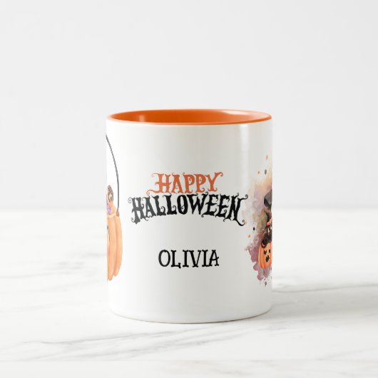 Niedlicher, personalisierter Krug zum Halloween-Ka Zweifarbige Tasse (Mittel)