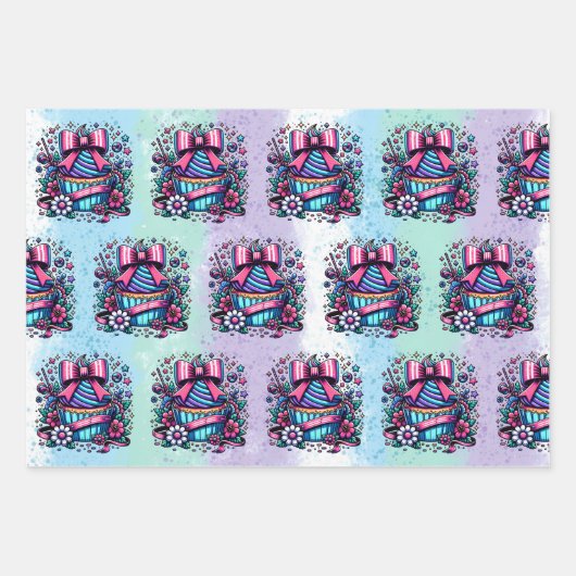 Niedlicher Personalisierter Lila und blauer Cupcak Geschenkpapier Set (Vorderseite 2)