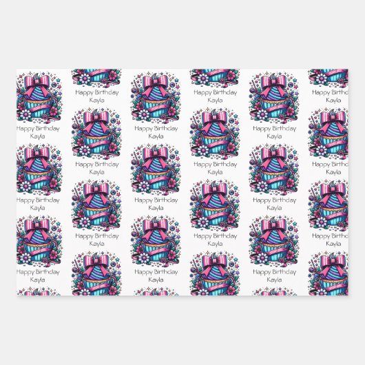 Niedlicher Personalisierter Lila und blauer Cupcak Geschenkpapier Set (Vorderseite)