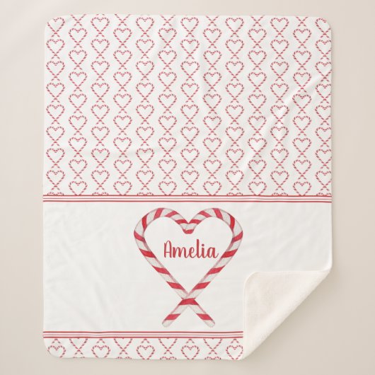 Niedlicher Personalisierter Name Candy Cane Hearts Sherpadecke (Vorderseite)