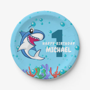 Niedlicher Personalisierter Name Shark 1. Geburtst Pappteller