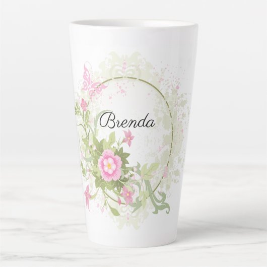 Niedlicher Personalisierter Rosa Blumenreath Latte Milchtasse (Vorderseite)