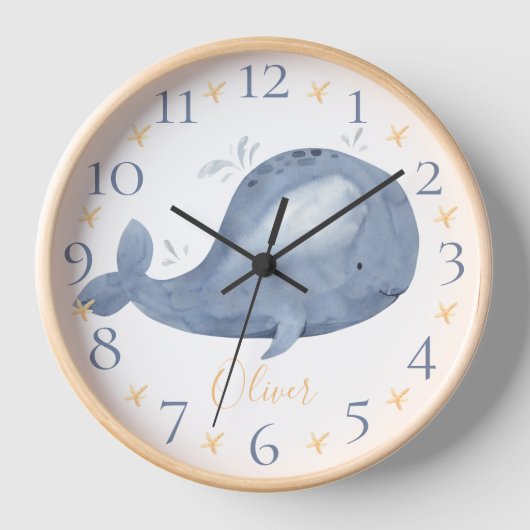 Niedlicher Personalisierter Wasserfarben Blauwal Uhr (Vorderseite)