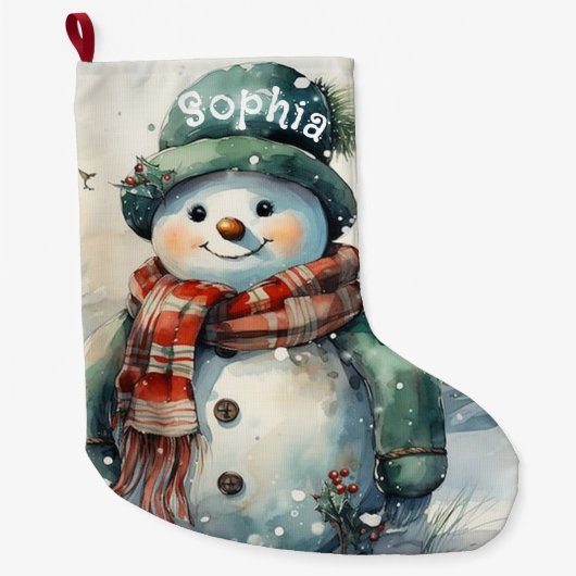 Niedlicher Personalisierter Wasserfarbenschneemann Großer Weihnachtsstrumpf (Vorderseite)