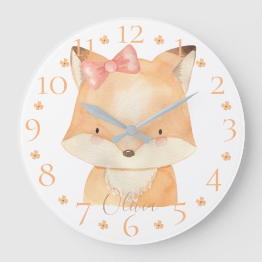 Niedlicher Personalisierter Watercolor Baby Fox mi Große Wanduhr (Vorderseite)