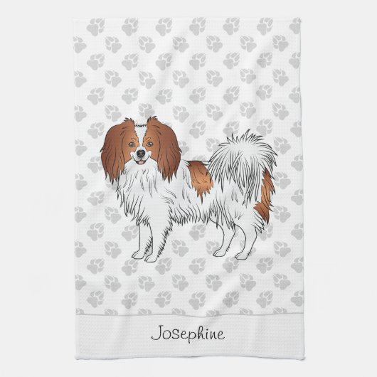 Niedlicher Phalène-Hund mit Individuelle Name Geschirrtuch (Vertikal)