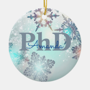 Niedlicher PhD-Abschluss Personalisiert Name Blau Keramik Ornament