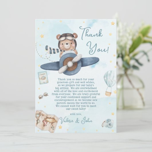Niedlicher Pilot Teddy Bear Blue Flugzeug Boy Baby Dankeskarte (Stehend Vorderseite)