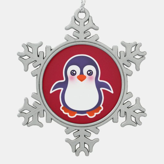 Niedlicher Pinguin auf der Roten Hintergrunddarste Schneeflocken Zinn-Ornament (Vorderseite)