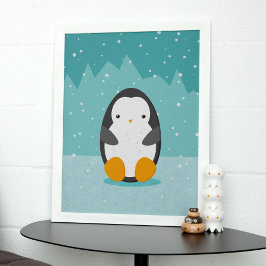 Niedlicher Pinguin auf Eis Blue Winter Cartoon Poster