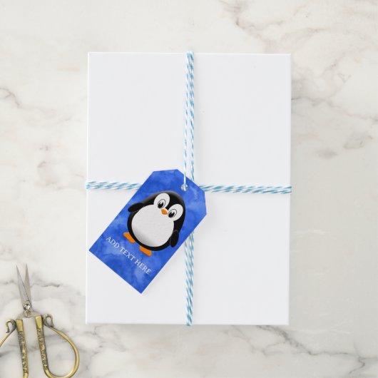 Niedlicher Pinguin Cartoon Custom Blue Watercolor Geschenkanhänger (Mit Garn)