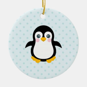 Niedlicher Pinguin Design Blue Polka Dot Hintergru Keramikornament
