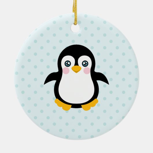 Niedlicher Pinguin Design Blue Polka Dot Hintergru Keramikornament (Hinten)