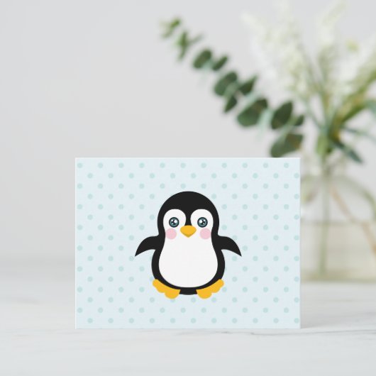 Niedlicher Pinguin Design Blue Polka Dot Hintergru Postkarte (Stehend Vorderseite)