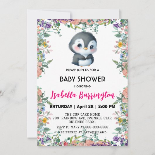 Niedlicher Pinguin, farbenfroh, Blume Babydusche Einladung (Vorderseite)