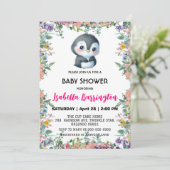 Niedlicher Pinguin, farbenfroh, Blume Babydusche Einladung (Stehend Vorderseite)