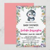 Niedlicher Pinguin, farbenfroh, Blume Babydusche Einladung (Vorne/Hinten)