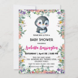 Niedlicher Pinguin, farbenfroh, Blume Babydusche Einladung