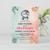 Niedlicher Pinguin Frühjahr Blume Babydusche Kinde Einladung (Stehend Vorderseite)