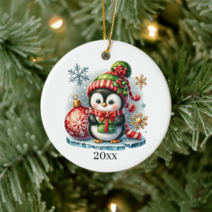 Niedlicher Pinguin fügen Datum und Nachricht Weihn Keramik Ornament